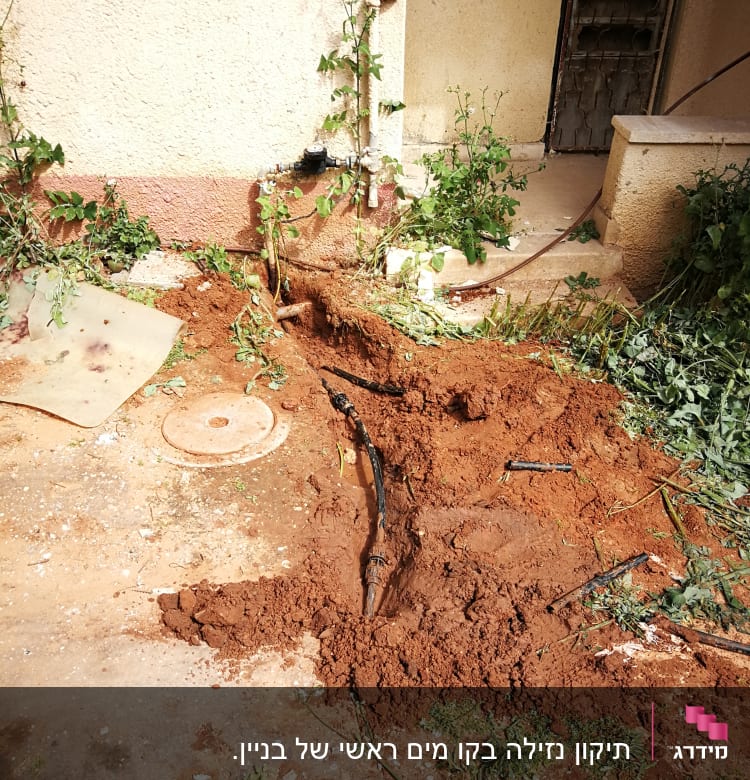 צינור מים חשוף באדמה ליד קיר חיצוני של מבנה